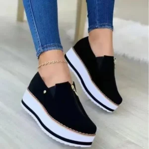 Jojofab Women Fashion Retro Style Elastic Band Thick Sole Solid Color Mid-Slip Sneakers