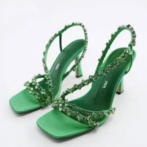 Jojofab Women Fashion Plus Size Sexy Rhinestone Strap Square Toe Heeled Sandals