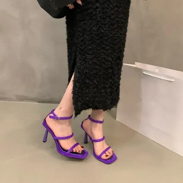 Jojofab Women Fashion Sexy Simple Strap Square Toe Heeled Sandals