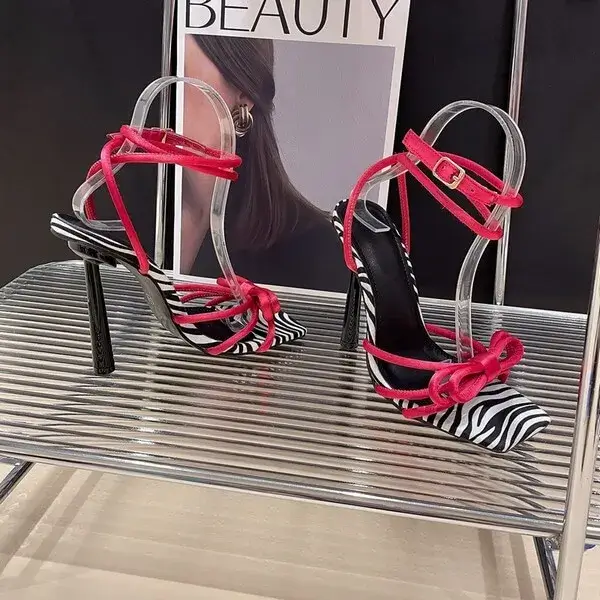 Jojofab Women Fashion Casual Lace-Up Bow Color Blocking Stiletto Heel Sandals