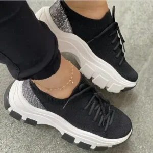 Jojofab Wedge Heel Flying Woven Colorblock Lace-Up Sneakers Large Size Casual Low Top Women Shoes