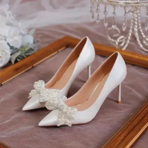 Jojofab Women Fashion Sexy Pointed Satin Pearl Pointed Toe Shoes