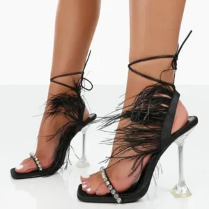 Jojofab Women Fashion Sexy Rhinestone Feather Decorative Solid Color High Heel Sandals Shoes