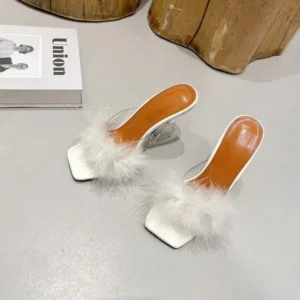 Jojofab Women Fashion Sexy Feather Decoration Solid Color Chunky High Heel Slippers Shoes