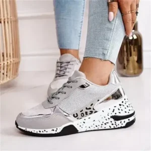 Jojofab Women Fashion Casual Leopard Print Color Matching Lace-Up Platform Sneakers