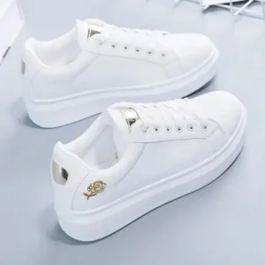 Jojofab Women Casual Fashion Rose Embroidery Thick-Soled Comfortable PU Leather White Sneakers