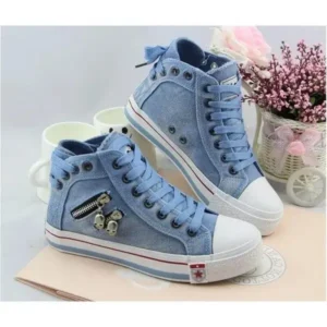 Jojofab Women Casual Spring Zipper Decor Lace-Up High Top Denim Canvas Sneakers