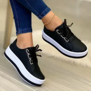 Jojofab Women Casual Round Toe Lace-Up Block Color Platform Shoes PU Sneakers