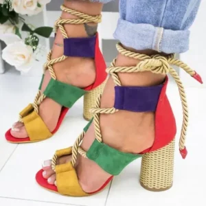 Jojofab Women Fashion Sexy Cross Hollow Lace Up Design Color Blocking High Heel Sandals Shoes