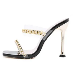 Jojofab Women Sexy Plus Size Metal Chain Square-Toe High Heel Sandals