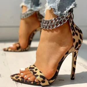 Jojofab Women Sexy Metal Chain Buckle Ankle Strap Animal Printed High Heels