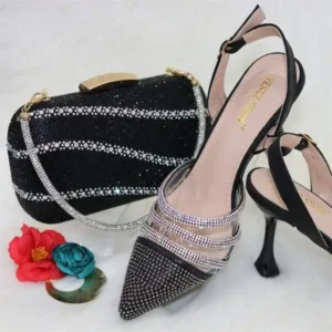 Jojofab Women Classic Black Pointed Shoes Transparent Pvc Rhinestone Chain Square Hand Bag Set