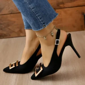 Jojofab Summer Women Fashion Casual Plus Size Solid Color Pointed Toe Metal Buckle Sling Back High Heel Sandals