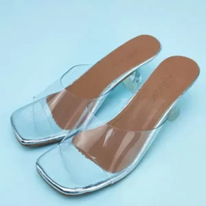 Jojofab Women Fashion Casual Square Toe Transparent Design Mid Heel Slippers