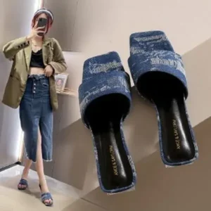 Jojofab Women Fashion Casual PU Denim Square Toe Chunky Heel Slippers