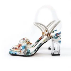 Jojofab Women Fashion Sexy PU Rhinestone Floral Printed Square Toe Chunky Heel ?Sandals