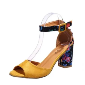 Jojofab Women Fashion Sexy PU Floral Printed Peep Toe Chunky Heel Ankle Strap Buckle Sandals