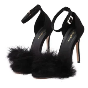 Jojofab Women Fashion Sexy PU Solid Color Feather Peep Toe Stiletto Heel Ankle Strap Buckle Sandals