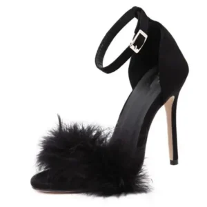 Jojofab Women Fashion Sexy Solid Color Feather Peep Toe Stiletto Heel Ankle Strap Buckle Sandals