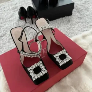 Jojofab Women Fashion Elegant PU Square Toe Rhinestone Stiletto Heel Ankle Strap Buckle Sandals