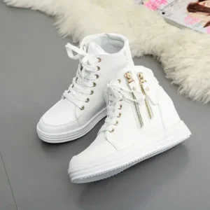 Jojofab Women Fashion Solid Color Side Zipper Lace-Up Round Head Thick-Soled Sneakers