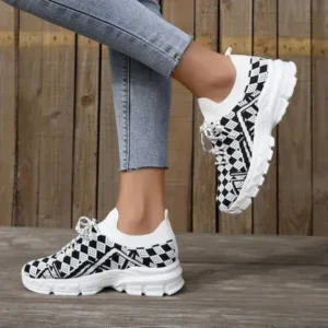 Jojofab Summer Women Fashion Casual Geometric Print Fly-Woven Lace-Up Sneakers