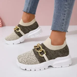 Jojofab Women Fashion Color Block Metal Chain Thick-Soled Breathable Fly-Woven Sneakers