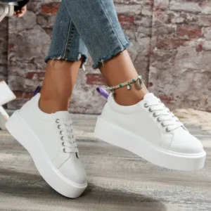 Jojofab Women Fashion Solid Color Round-Toe Lace-Up Thick-Soled Sneakers