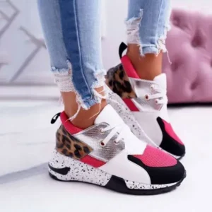 Jojofab Women Casual Leopard Printed Patchwork Lace Up Sneakers