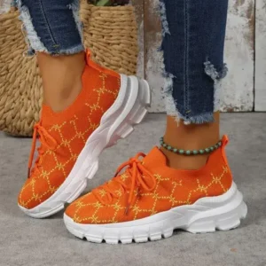 Jojofab Women Fashion Plus Size Casual Flying Woven Lace-Up Round Toe Sneakers