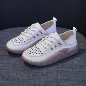 Jojofab Women Fashion Casual Solid Color PU Lace-Up Hollow Breathable Sneakers