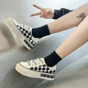 Jojofab Women Fashion Platform Checkerboard Canvas Sneakers