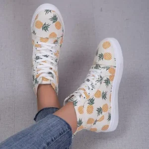 Jojofab Women Fashion Round Toe Lace-Up Pineapple Strawberry Flat Sneakers